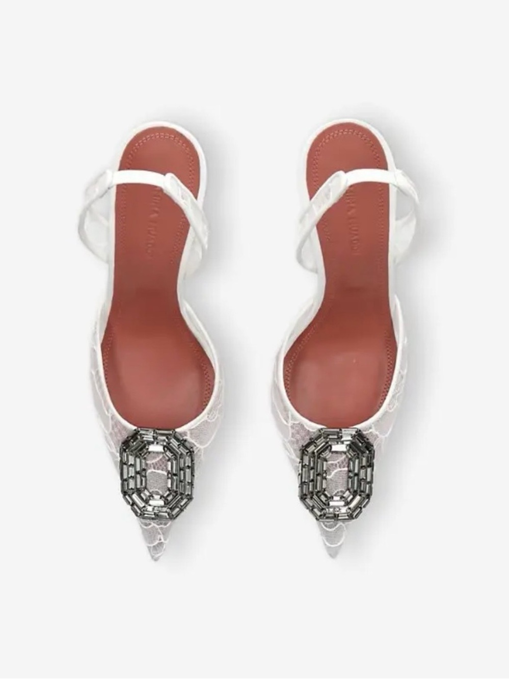 Amina Muaddi White Pointed Slingback Flats with Gunmetal Crystal Buckle